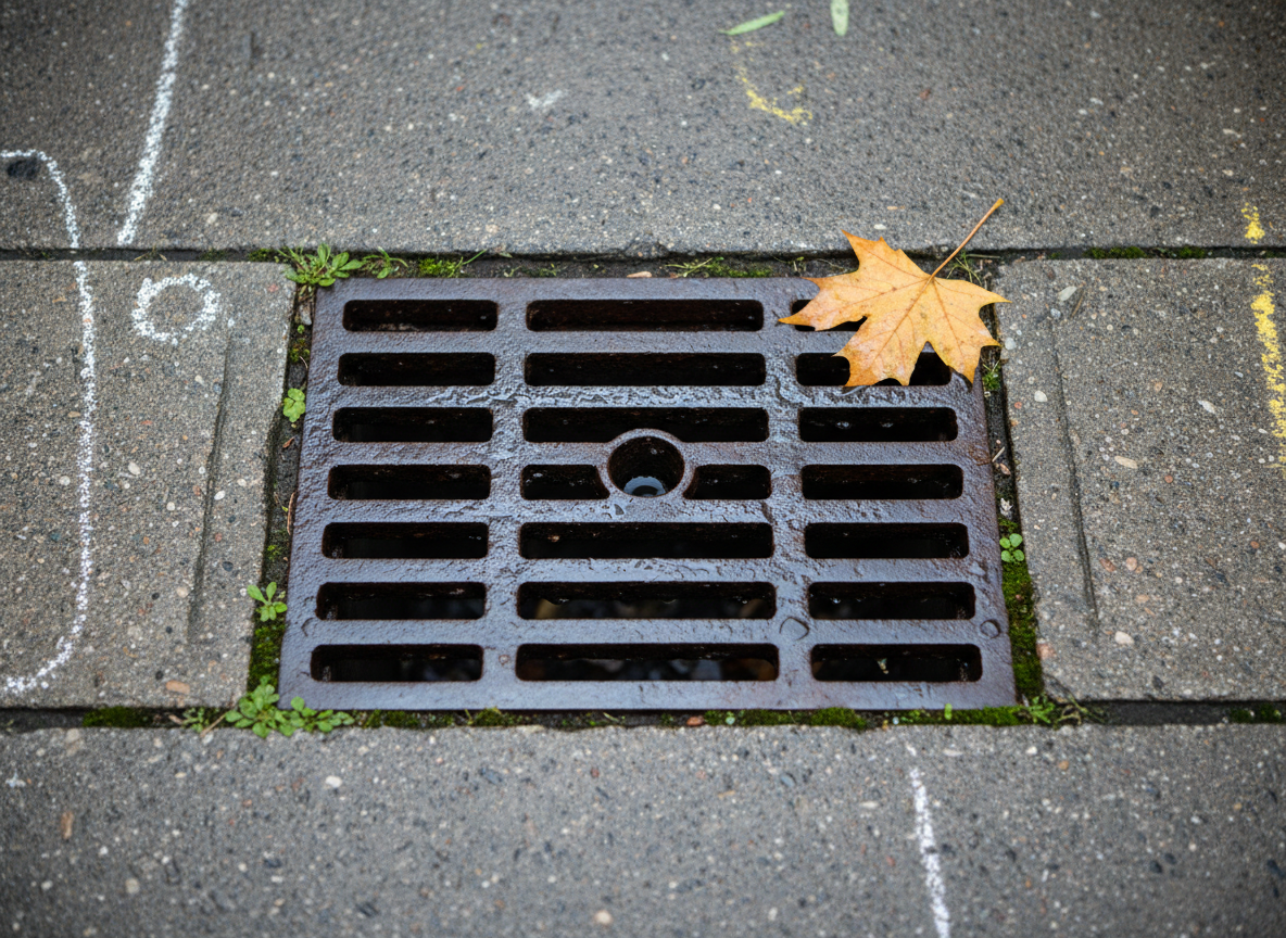A weathered concrete city sidewalk reveals a single rectangular storm drain, its dark iron grate slick with recent rain. Tiny mosses cling to the cracks between slabs, and a lone amber leaf rests partially over one corner of the grate. Surrounding the drain, faint chalk markings and worn paint lines hint at past construction. Soft overcast daylight from above creates a muted, even illumination, emphasizing textures without harsh shadows. Captured in photographic realism from a slightly elevated, near-vertical angle, the composition uses a tight frame and shallow depth of field, focusing attention on the drain while subtly blurring the surrounding pavement, evoking quiet contemplation of overlooked urban details.