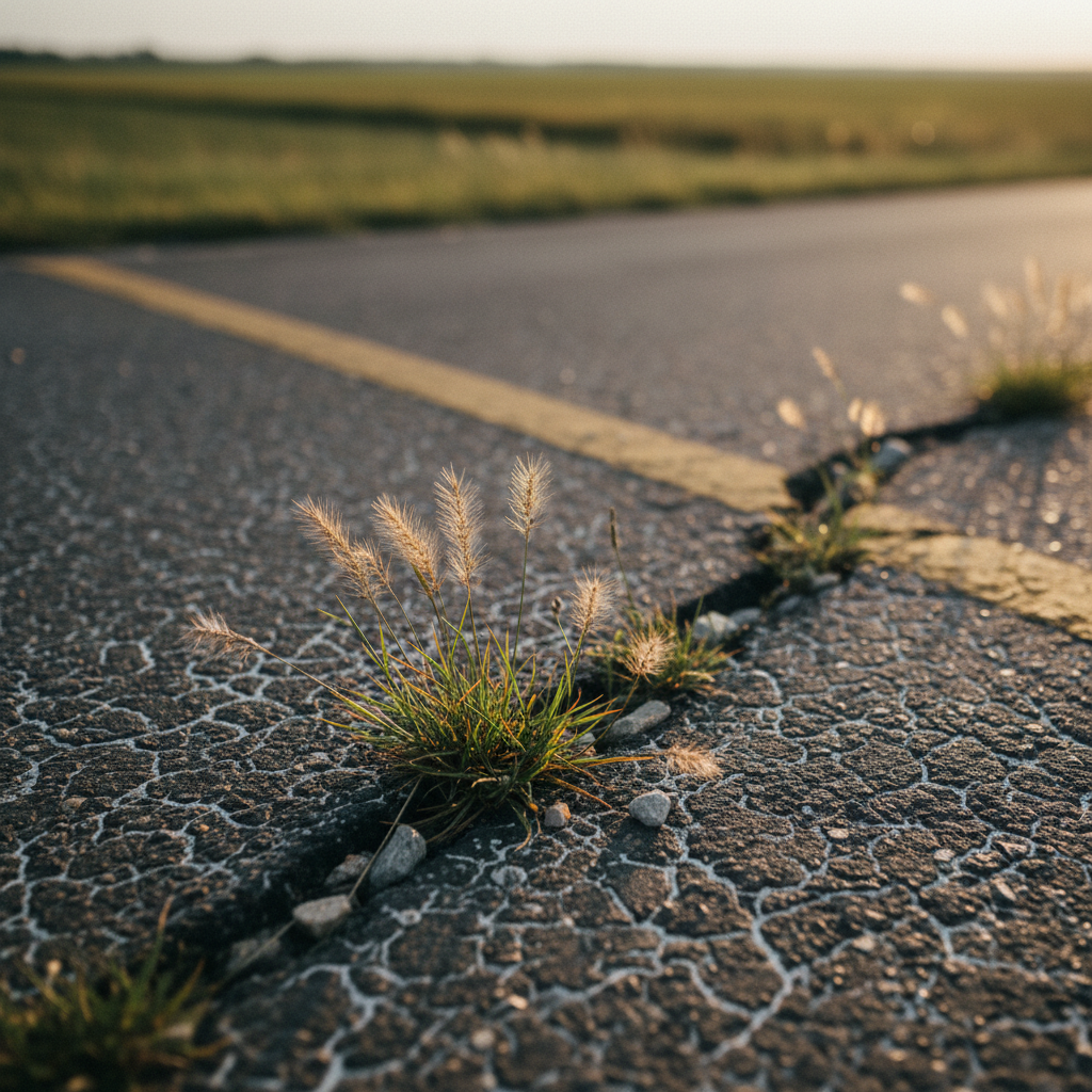 A small patch of wild grasses and weeds pushes through a jagged break in aging asphalt at the edge of a rural roadside, the black surface crazed with pale, spiderweb-like cracks. Flecks of gravel and a faded yellow line lead the eye toward a distant, softly blurred field. Late afternoon golden hour light grazes the scene from the side, picking out the delicate seed heads and casting long, slender shadows across the broken pavement. Shot at ground level in photographic realism with a narrow depth of field, the composition places the resilient greenery along the lower third, creating a serene, understated study of nature reclaiming a forgotten margin.