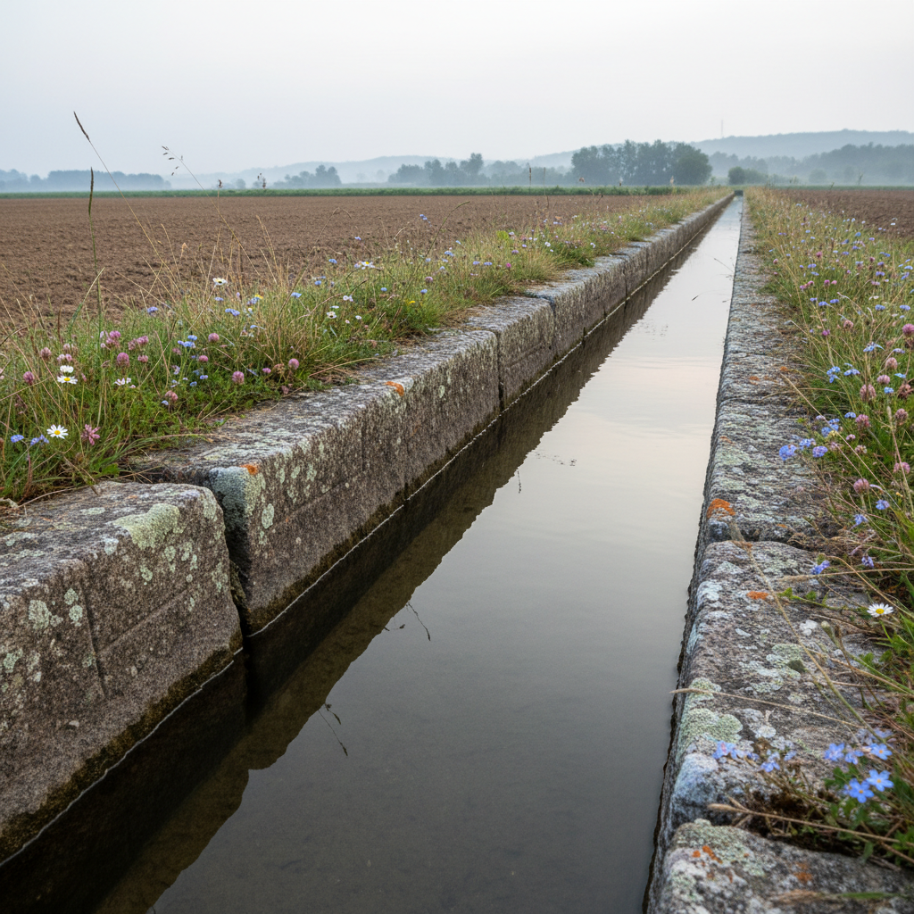 A narrow, stone-lined irrigation channel runs alongside a rural field, its clear water reflecting a pale, milky sky. Rough-hewn granite blocks, mottled with lichen and faint tool marks, define the channel’s edge, while tufts of wildflowers and coarse grasses soften the boundary between rock and soil. Diffused early-morning light from an overcast sky gives the scene a gentle, subdued palette of grays, muted greens, and soft browns. Captured from a low, oblique angle in photographic realism, the composition leads the viewer’s eye along the diagonal course of the waterway into the hazy distance, evoking a contemplative, timeless atmosphere of managed landscape and quiet utility.