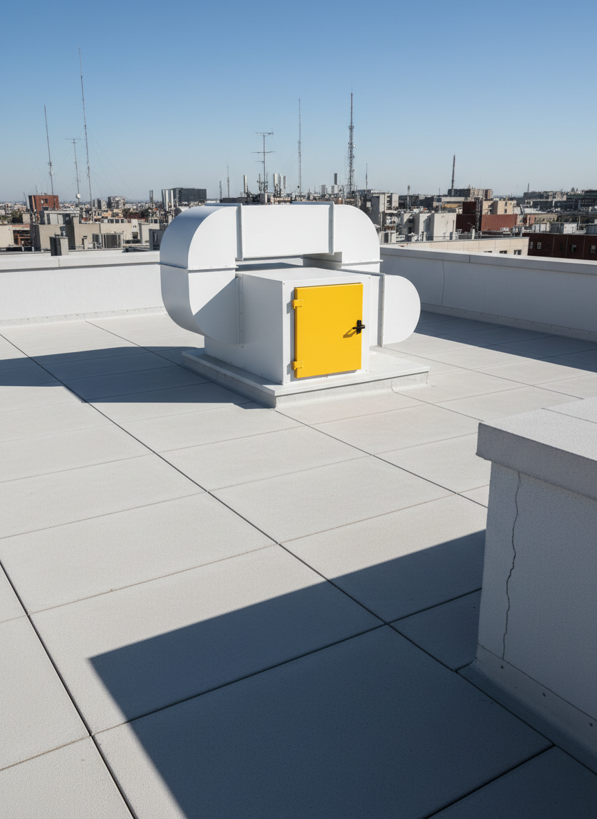 A meticulously organized urban rooftop, surfaced in smooth, pale concrete, features a single industrial ventilation unit with matte white ductwork and a bright safety-yellow access hatch. Low parapet walls with hairline cracks frame distant, softly blurred city blocks and antennae. The scene is lit by crisp, clear midday sunlight, producing sharp, geometric shadows that echo the clean lines of the architecture. Captured in photographic realism from a slightly elevated corner angle, the composition emphasizes minimalism and order, with strong diagonals drawing the eye toward the hatch. The mood is cool, analytical, and sophisticated, highlighting the quiet infrastructure that supports dense urban life yet remains largely unseen.