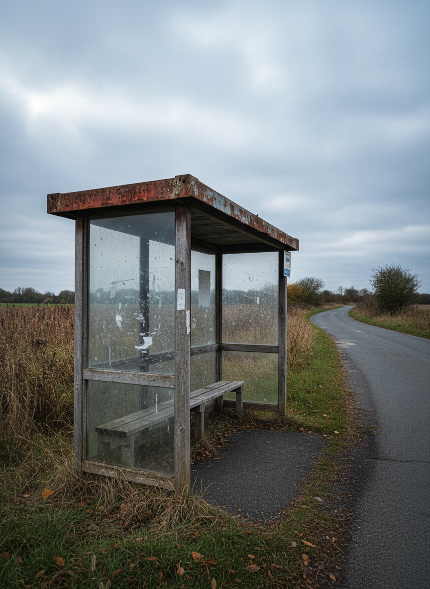 An abandoned rural bus stop shelter stands alone beside a narrow country lane, its corrugated metal roof streaked with rust and its wooden bench faded to a silver-gray patina. The glass side panels are clouded with fine scratches and remnants of old tape, framing glimpses of tall grass and distant hedgerows beyond. Soft, late-autumn overcast light filters evenly through the translucent panels, creating gentle reflections and subtle interior shadows. Shot at eye level in photographic realism with a slightly wide-angle lens, the composition places the shelter off-center, using the receding line of the empty road to draw the viewer into a quiet, slightly melancholic meditation on in-between spaces and waiting without passengers.