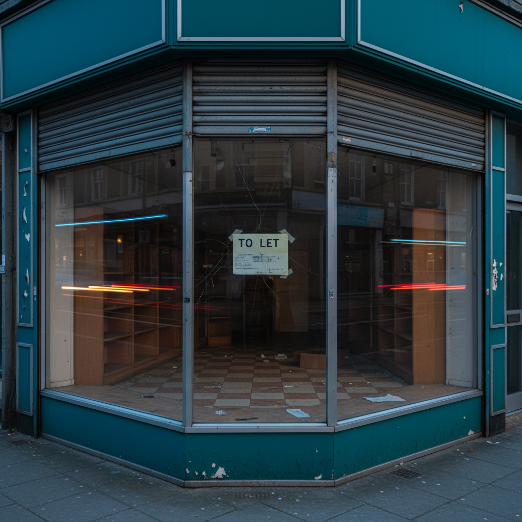 An empty, glass-fronted urban corner shop with its security shutter halfway down, revealing a dimly lit interior of bare shelves and a dusty tiled floor. The exterior facade combines chipped teal paint, a cracked display window, and a hand-lettered “To Let” sign curling at the edges. Street reflections ripple softly across the glass, hinting at passing traffic without showing any figures. Blue hour ambient light from the street mingles with the last cool daylight, creating a quiet, introspective mood. Framed straight-on in photographic realism, with strong verticals and a moderate depth of field, the image emphasizes symmetry and subtle color contrast between the cool exterior and warm, receding interior gloom.