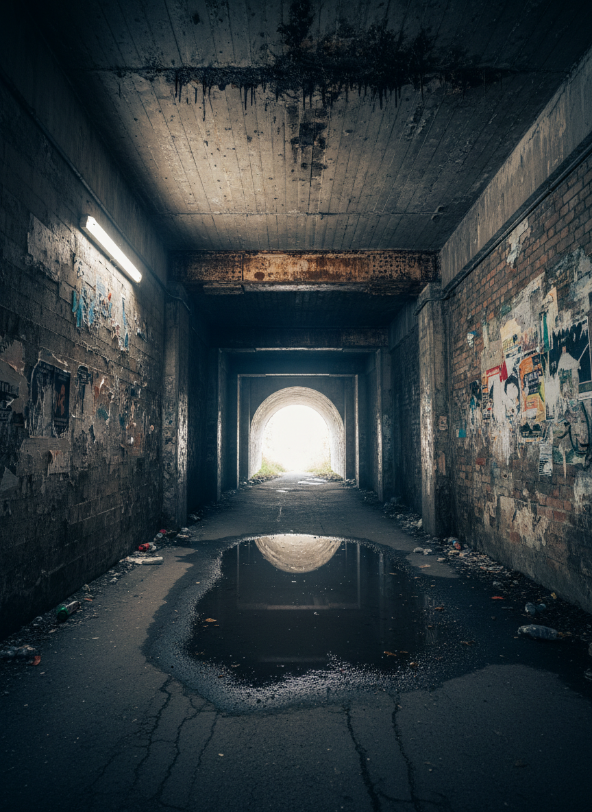 A forgotten underpass beneath a suburban railway line reveals a mosaic of peeling posters, exposed concrete, and moisture-darkened bricks. A shallow puddle stretches across the cracked pathway, mirroring the stained ceiling and rust-streaked beams above. The only illumination comes from a single fluorescent tube mounted high on one wall, casting a cold, clinical glow that fades into shadow toward the tunnel’s exits. Captured in photographic realism from a low, central viewpoint, the composition uses strong linear perspective to draw the eye toward the distant, overexposed openings, creating a dramatic, introspective atmosphere that emphasizes the tension between neglect and passage.